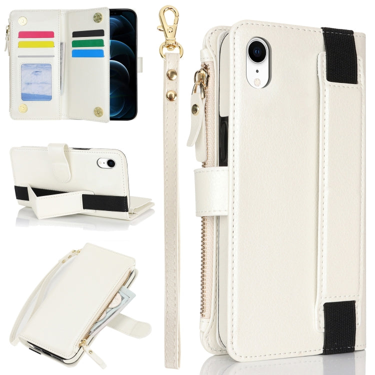 For iPhone XR Wristband Holder Zipper Purse RFID Leather Phone Case(White) - More iPhone Cases by buy2fix | Online Shopping UK | buy2fix