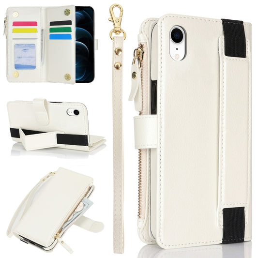 For iPhone XR Wristband Holder Zipper Purse RFID Leather Phone Case(White) - More iPhone Cases by buy2fix | Online Shopping UK | buy2fix
