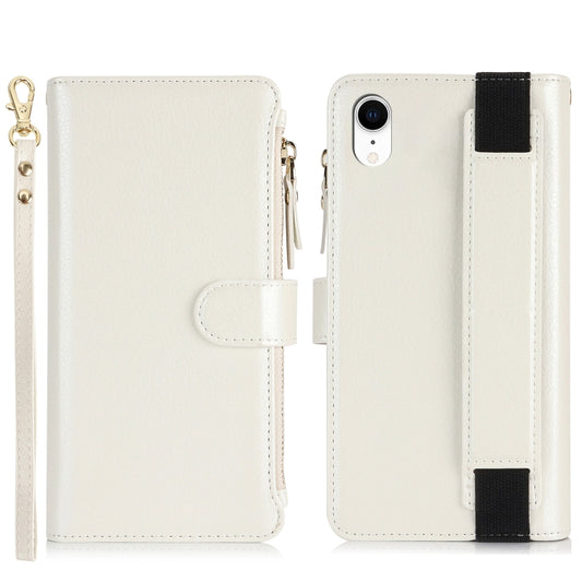 For iPhone XR Wristband Holder Zipper Purse RFID Leather Phone Case(White) - More iPhone Cases by buy2fix | Online Shopping UK | buy2fix