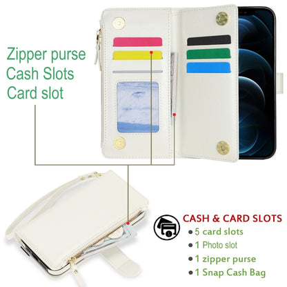 For iPhone XR Wristband Holder Zipper Purse RFID Leather Phone Case(White) - More iPhone Cases by buy2fix | Online Shopping UK | buy2fix