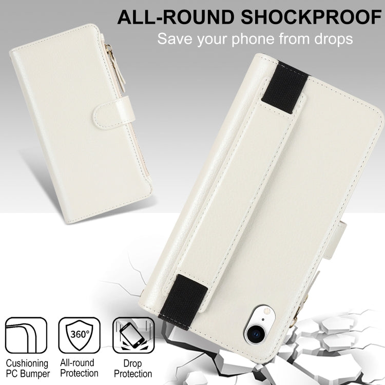 For iPhone XR Wristband Holder Zipper Purse RFID Leather Phone Case(White) - More iPhone Cases by buy2fix | Online Shopping UK | buy2fix