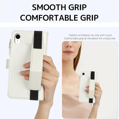 For iPhone XR Wristband Holder Zipper Purse RFID Leather Phone Case(White) - More iPhone Cases by buy2fix | Online Shopping UK | buy2fix
