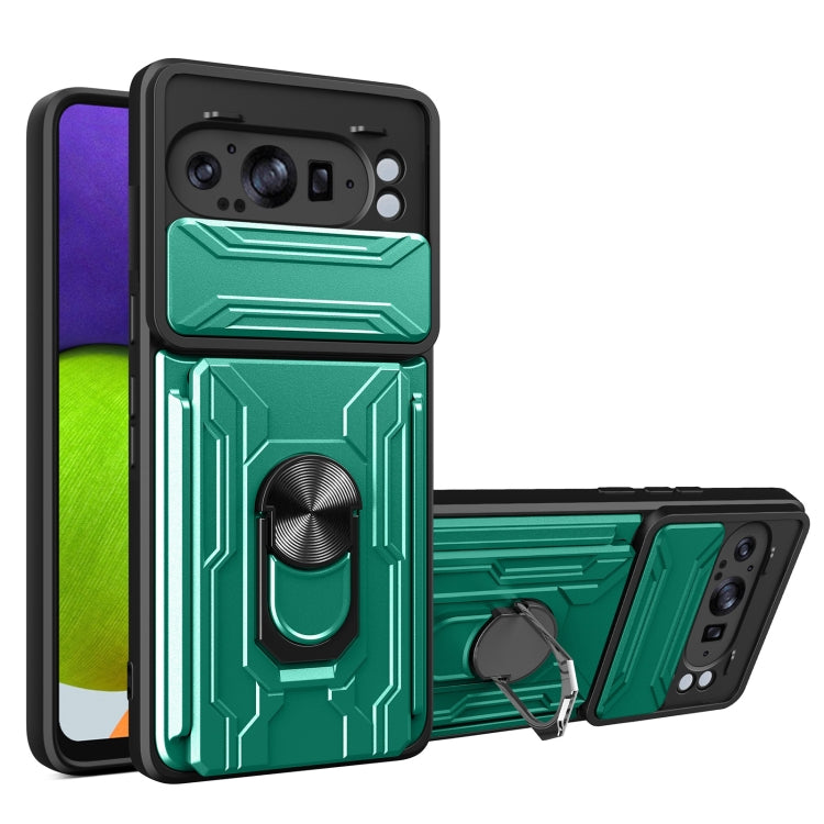 For Google Pixel 9 Pro XL Sliding Camshield TPU+PC Phone Case with Card Slot(Dark Green) by buy2fix