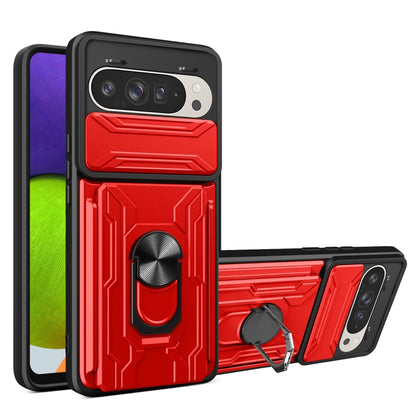 For Google Pixel 9 / 9 Pro Sliding Camshield TPU+PC Phone Case with Card Slot(Red) by buy2fix
