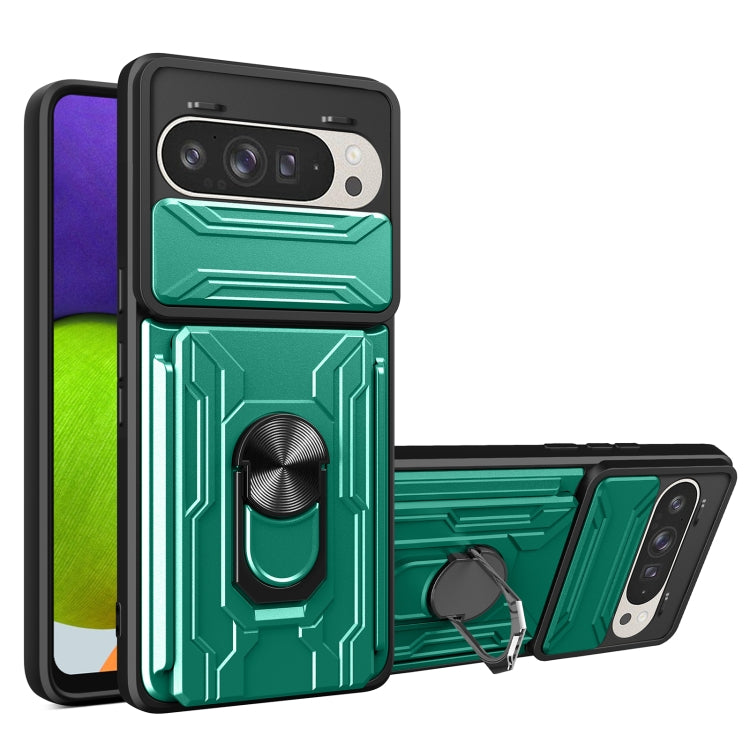 For Google Pixel 9 / 9 Pro Sliding Camshield TPU+PC Phone Case with Card Slot(Dark Green) by buy2fix