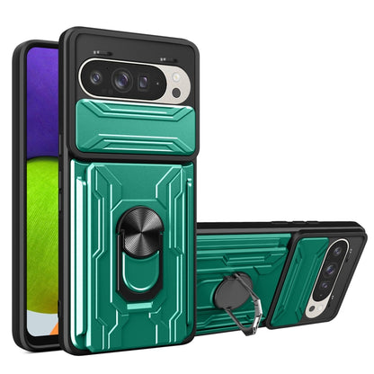 For Google Pixel 9 / 9 Pro Sliding Camshield TPU+PC Phone Case with Card Slot(Dark Green) by buy2fix