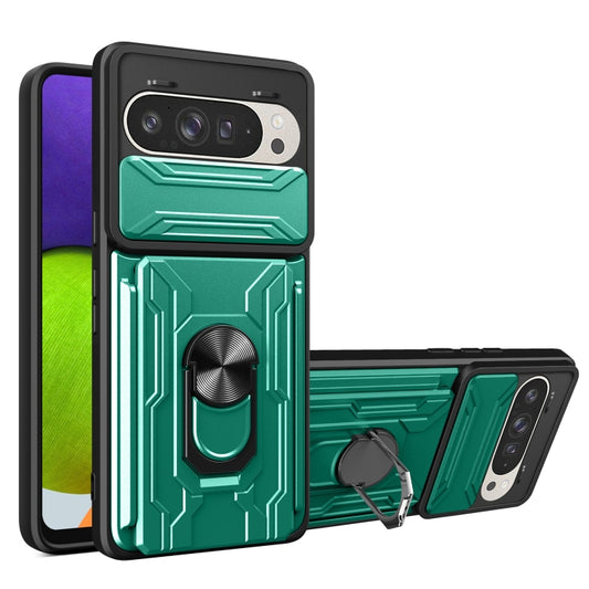 For Google Pixel 9 / 9 Pro Sliding Camshield TPU+PC Phone Case with Card Slot(Dark Green) by buy2fix