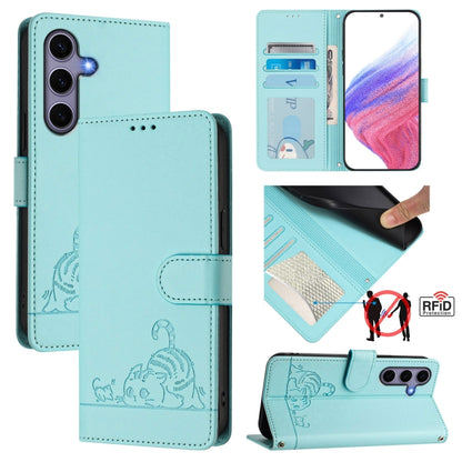 For Samsung Galaxy S25 5G Cat Rat Embossed Pattern RFID Leather Phone Case with Lanyard(Mint Green) by buy2fix