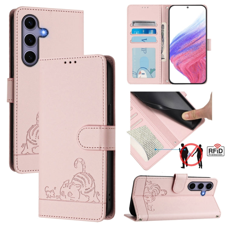 For Samsung Galaxy S25 5G Cat Rat Embossed Pattern RFID Leather Phone Case with Lanyard(Pink) by buy2fix