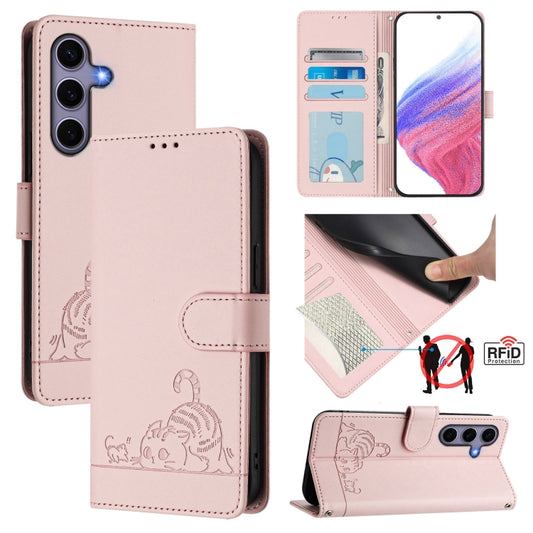 For Samsung Galaxy S25 5G Cat Rat Embossed Pattern RFID Leather Phone Case with Lanyard(Pink) by buy2fix