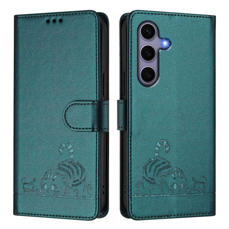 For Samsung Galaxy S25 5G Cat Rat Embossed Pattern RFID Leather Phone Case with Lanyard(Peacock Green) by buy2fix