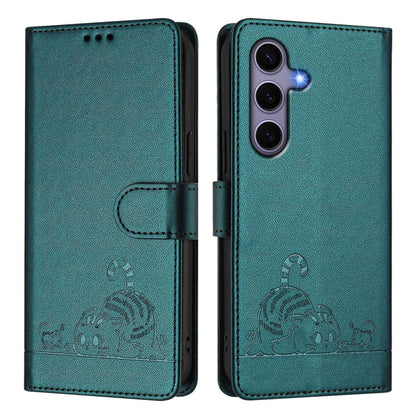 For Samsung Galaxy S25 5G Cat Rat Embossed Pattern RFID Leather Phone Case with Lanyard(Peacock Green) by buy2fix
