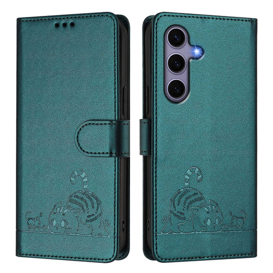 For Samsung Galaxy S25 5G Cat Rat Embossed Pattern RFID Leather Phone Case with Lanyard(Peacock Green) by buy2fix