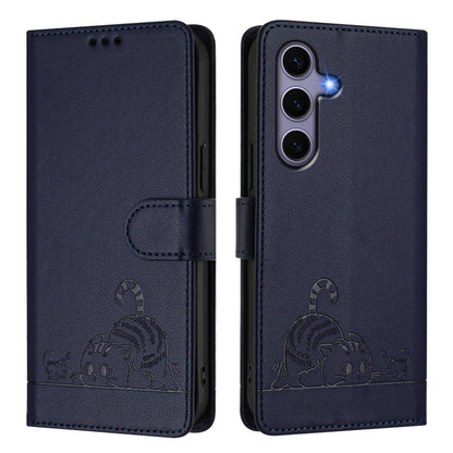 For Samsung Galaxy S25 5G Cat Rat Embossed Pattern RFID Leather Phone Case with Lanyard(Blue) by buy2fix