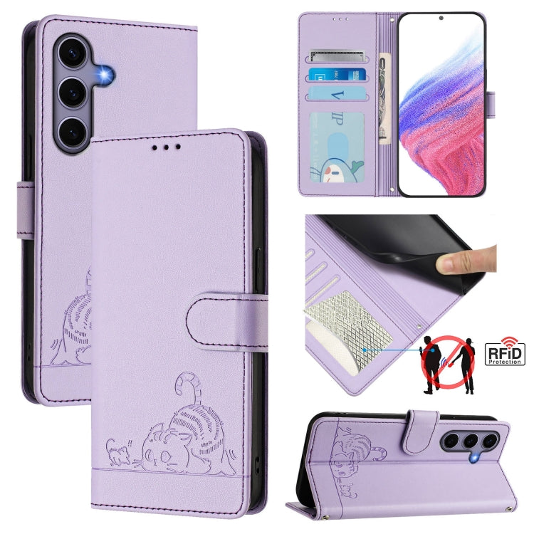 For Samsung Galaxy S25 5G Cat Rat Embossed Pattern RFID Leather Phone Case with Lanyard(Purple) by buy2fix