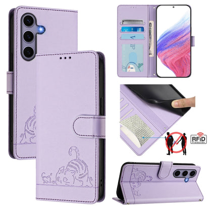 For Samsung Galaxy S25 5G Cat Rat Embossed Pattern RFID Leather Phone Case with Lanyard(Purple) by buy2fix