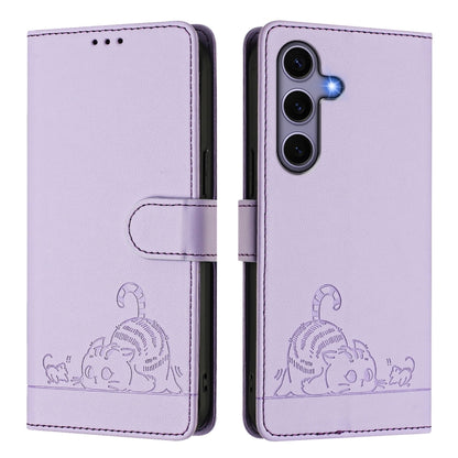 For Samsung Galaxy S25 5G Cat Rat Embossed Pattern RFID Leather Phone Case with Lanyard(Purple) by buy2fix