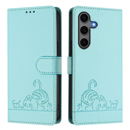 For Samsung Galaxy S25+ 5G Cat Rat Embossed Pattern RFID Leather Phone Case with Lanyard(Mint Green) by buy2fix
