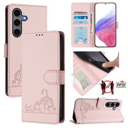 For Samsung Galaxy S25+ 5G Cat Rat Embossed Pattern RFID Leather Phone Case with Lanyard(Pink) by buy2fix