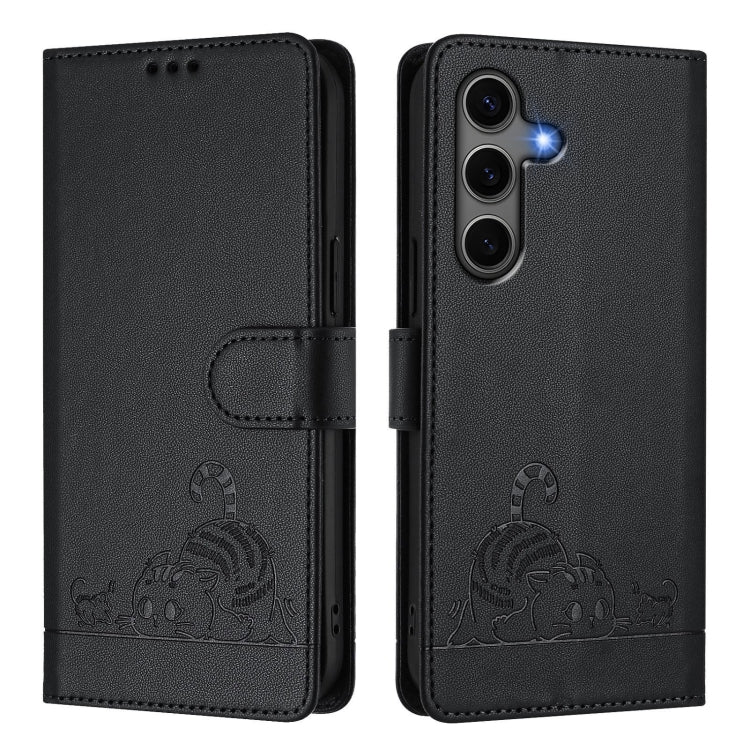For Samsung Galaxy S25+ 5G Cat Rat Embossed Pattern RFID Leather Phone Case with Lanyard(Black) by buy2fix