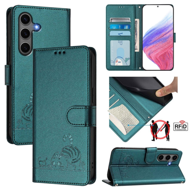 For Samsung Galaxy S25+ 5G Cat Rat Embossed Pattern RFID Leather Phone Case with Lanyard(Peacock Green) by buy2fix