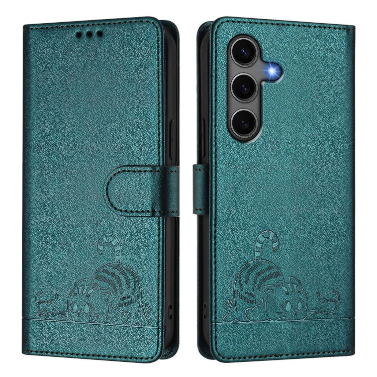 For Samsung Galaxy S25+ 5G Cat Rat Embossed Pattern RFID Leather Phone Case with Lanyard(Peacock Green) by buy2fix