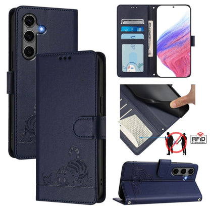 For Samsung Galaxy S25+ 5G Cat Rat Embossed Pattern RFID Leather Phone Case with Lanyard(Blue) by buy2fix