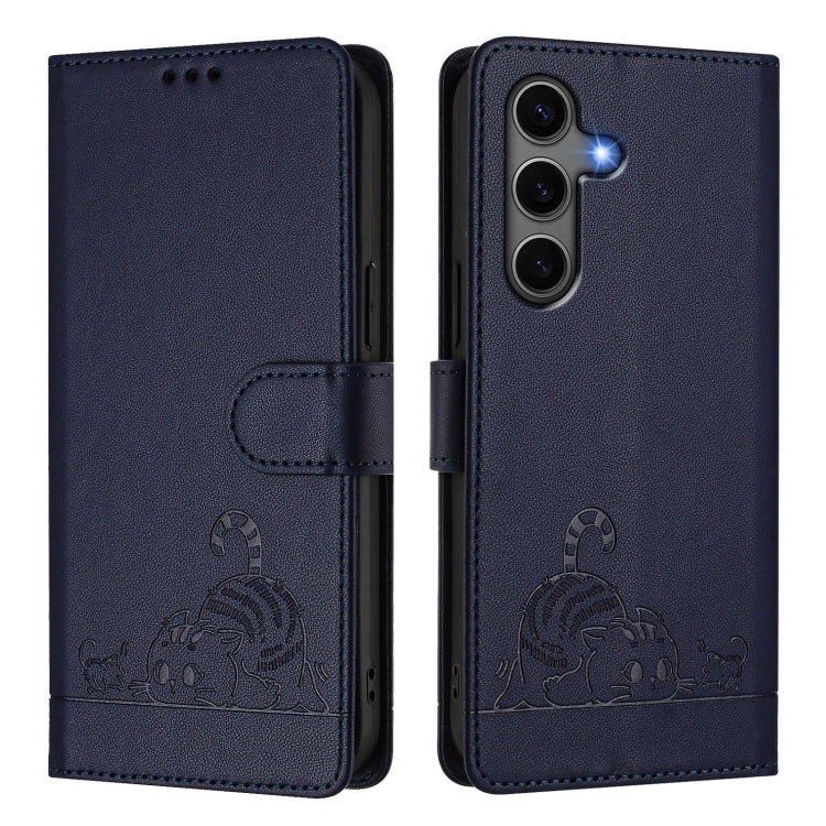 For Samsung Galaxy S25+ 5G Cat Rat Embossed Pattern RFID Leather Phone Case with Lanyard(Blue) by buy2fix