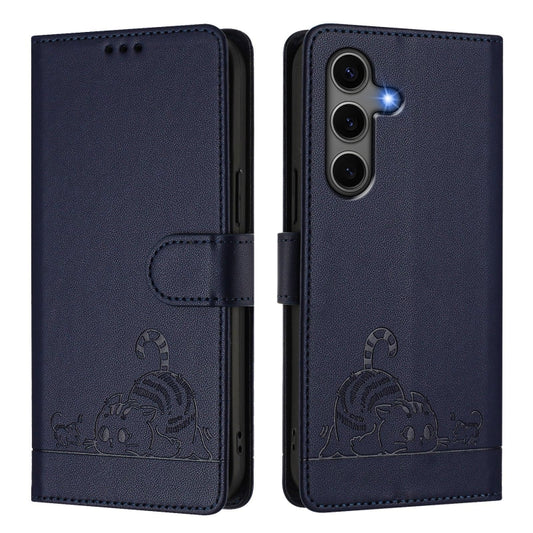 For Samsung Galaxy S25+ 5G Cat Rat Embossed Pattern RFID Leather Phone Case with Lanyard(Blue) by buy2fix