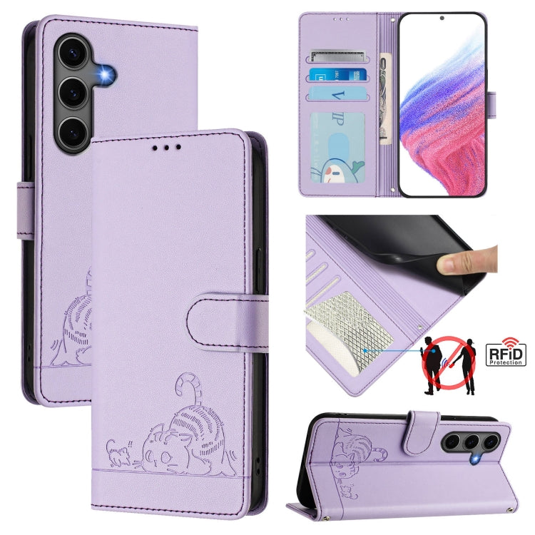 For Samsung Galaxy S25+ 5G Cat Rat Embossed Pattern RFID Leather Phone Case with Lanyard(Purple) by buy2fix