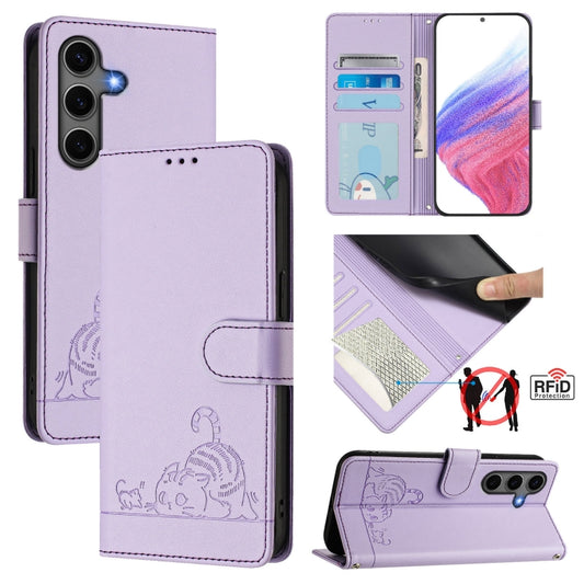 For Samsung Galaxy S25+ 5G Cat Rat Embossed Pattern RFID Leather Phone Case with Lanyard(Purple) by buy2fix