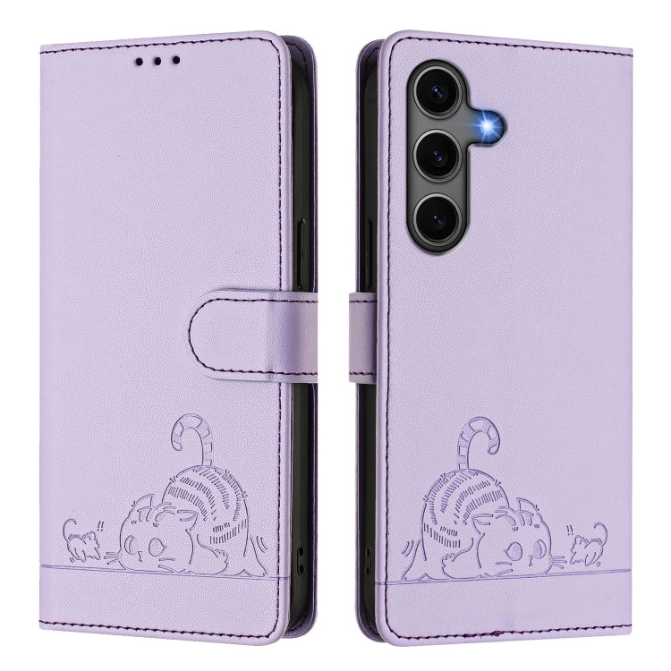 For Samsung Galaxy S25+ 5G Cat Rat Embossed Pattern RFID Leather Phone Case with Lanyard(Purple) by buy2fix