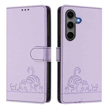 For Samsung Galaxy S25+ 5G Cat Rat Embossed Pattern RFID Leather Phone Case with Lanyard(Purple) by buy2fix