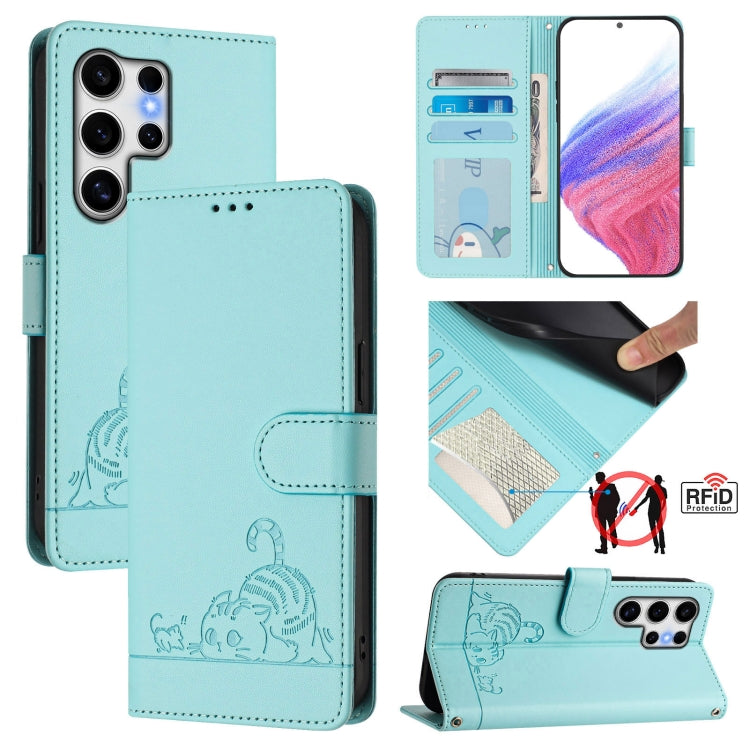 For Samsung Galaxy S25 Ultra 5G Cat Rat Embossed Pattern RFID Leather Phone Case with Lanyard(Mint Green) by buy2fix