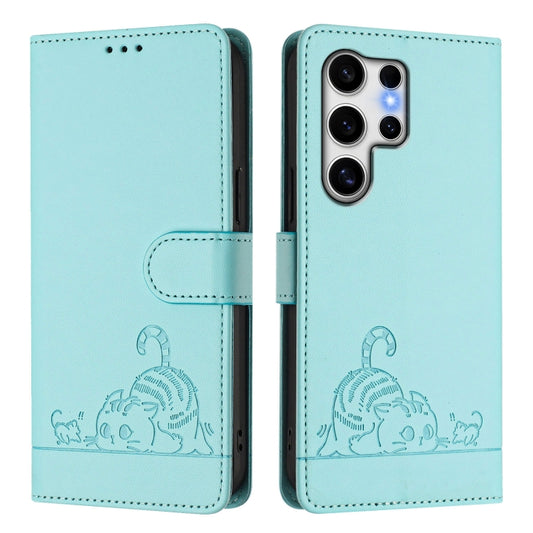 For Samsung Galaxy S25 Ultra 5G Cat Rat Embossed Pattern RFID Leather Phone Case with Lanyard(Mint Green) by buy2fix