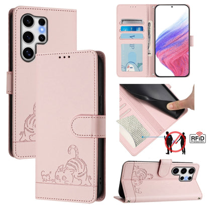 For Samsung Galaxy S25 Ultra 5G Cat Rat Embossed Pattern RFID Leather Phone Case with Lanyard(Pink) by buy2fix