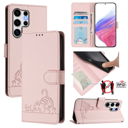 For Samsung Galaxy S25 Ultra 5G Cat Rat Embossed Pattern RFID Leather Phone Case with Lanyard(Pink) by buy2fix