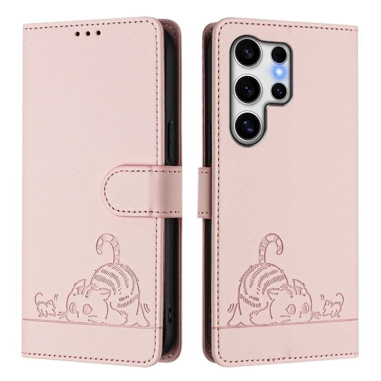 For Samsung Galaxy S25 Ultra 5G Cat Rat Embossed Pattern RFID Leather Phone Case with Lanyard(Pink) by buy2fix
