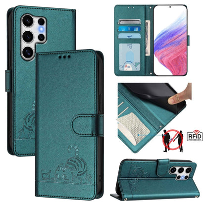 For Samsung Galaxy S25 Ultra 5G Cat Rat Embossed Pattern RFID Leather Phone Case with Lanyard(Peacock Green) by buy2fix