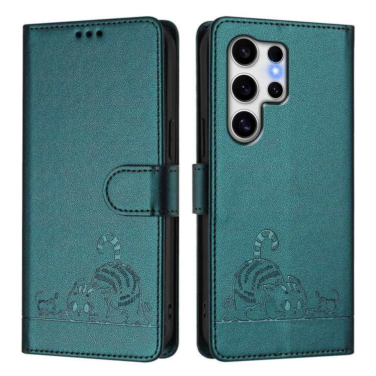 For Samsung Galaxy S25 Ultra 5G Cat Rat Embossed Pattern RFID Leather Phone Case with Lanyard(Peacock Green) by buy2fix