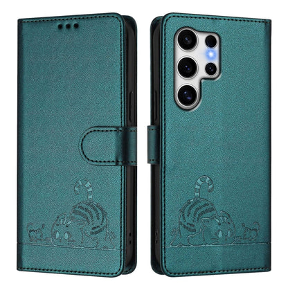 For Samsung Galaxy S25 Ultra 5G Cat Rat Embossed Pattern RFID Leather Phone Case with Lanyard(Peacock Green) by buy2fix