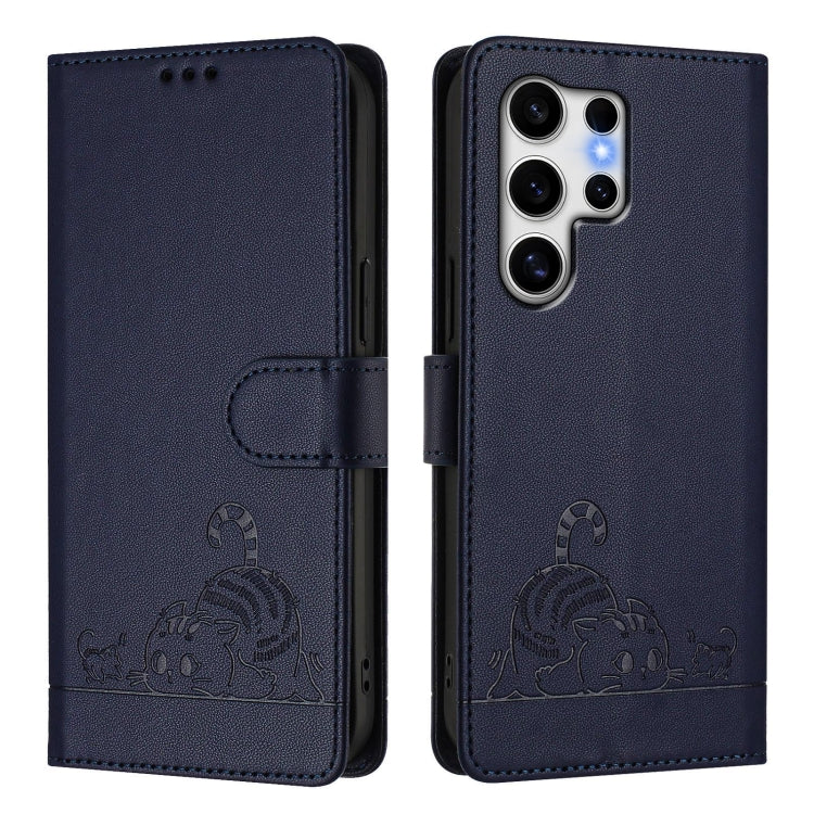 For Samsung Galaxy S25 Ultra 5G Cat Rat Embossed Pattern RFID Leather Phone Case with Lanyard(Blue) by buy2fix
