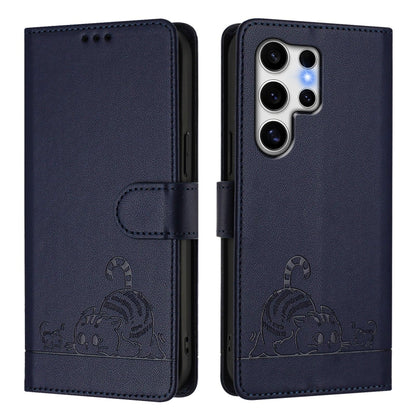 For Samsung Galaxy S25 Ultra 5G Cat Rat Embossed Pattern RFID Leather Phone Case with Lanyard(Blue) by buy2fix