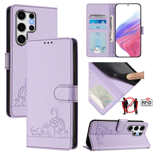 For Samsung Galaxy S25 Ultra 5G Cat Rat Embossed Pattern RFID Leather Phone Case with Lanyard(Purple) by buy2fix