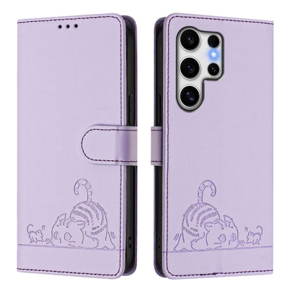 For Samsung Galaxy S25 Ultra 5G Cat Rat Embossed Pattern RFID Leather Phone Case with Lanyard(Purple) by buy2fix
