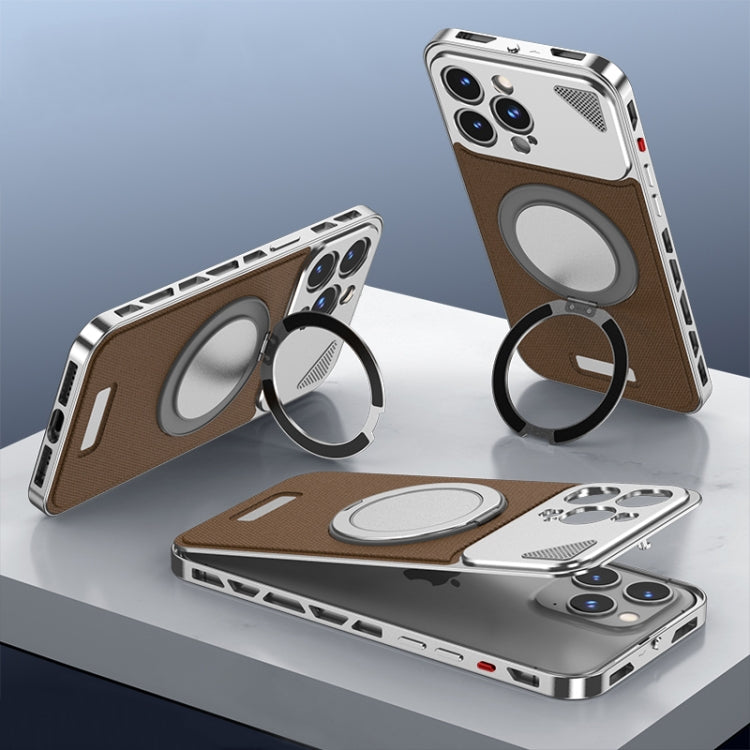 For iPhone 15 Pro Metal Snap Buckle 360 Degree Rotating MagSafe Magnetic Holder Phone Case(Dark Brown Silver) - iPhone 15 Pro Cases by buy2fix | Online Shopping UK | buy2fix