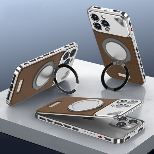 For iPhone 15 Pro Metal Snap Buckle 360 Degree Rotating MagSafe Magnetic Holder Phone Case(Dark Brown Silver) - iPhone 15 Pro Cases by buy2fix | Online Shopping UK | buy2fix