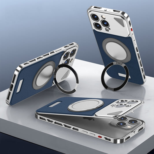 For iPhone 15 Pro Metal Snap Buckle 360 Degree Rotating MagSafe Magnetic Holder Phone Case(Dark Blue Silver) - iPhone 15 Pro Cases by buy2fix | Online Shopping UK | buy2fix