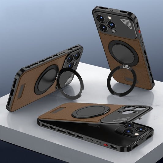 For iPhone 15 Pro Metal Snap Buckle 360 Degree Rotating MagSafe Magnetic Holder Phone Case(Dark Brown Black) - iPhone 15 Pro Cases by buy2fix | Online Shopping UK | buy2fix