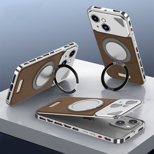 For iPhone 15 Metal Snap Buckle 360 Degree Rotating MagSafe Magnetic Holder Phone Case(Dark Brown Silver) - iPhone 15 Cases by buy2fix | Online Shopping UK | buy2fix